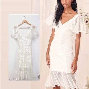 White Sequin Lulu’s Flutter Sleeve Midi Dress